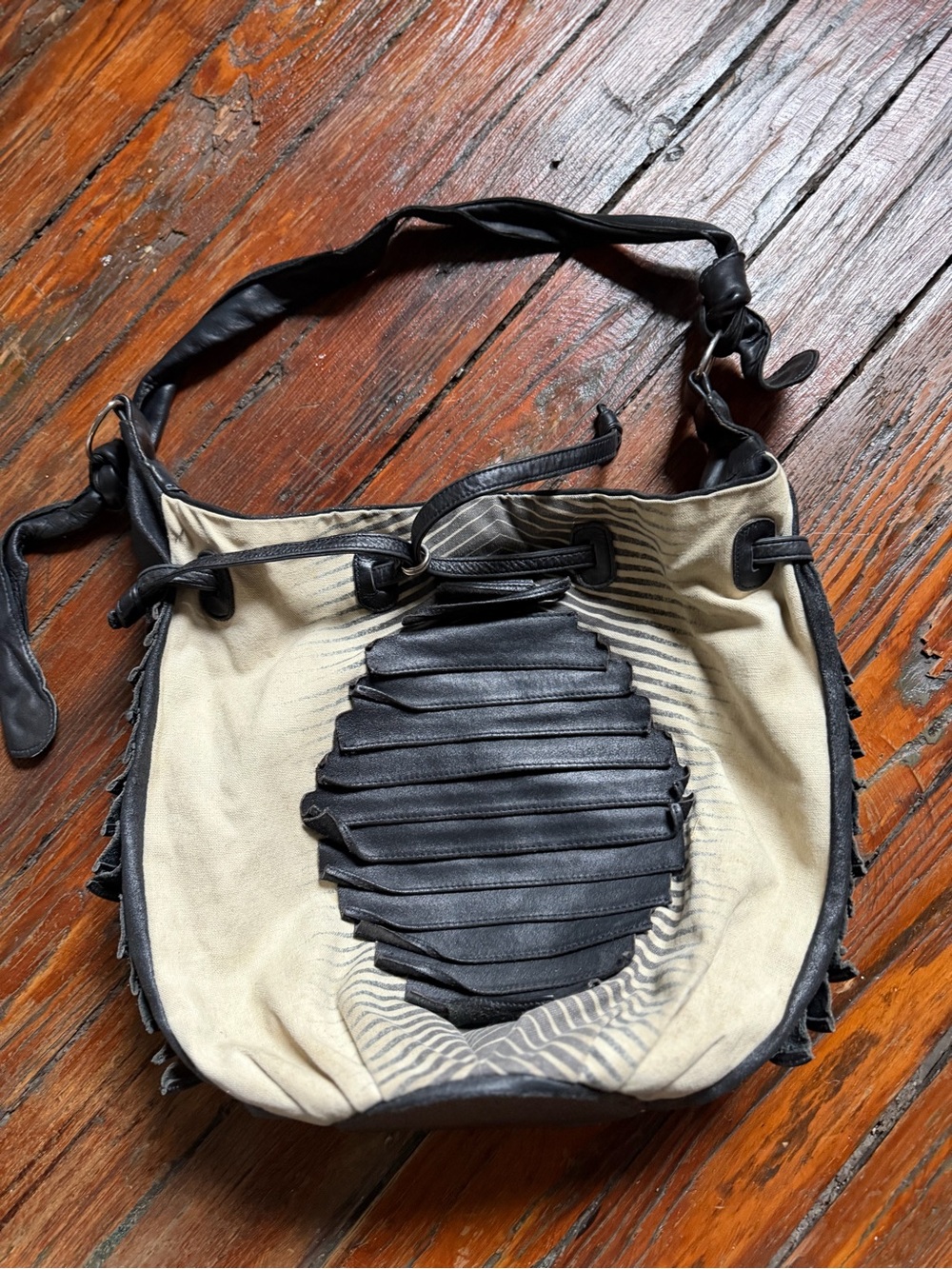 Collina Strada Cream Canvas Shoulder Bag with Black Leather Detailing